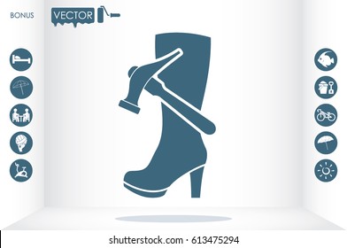 Shoe repair icon vector illustration eps10. Women boots and a hammer to sign the web site or app.