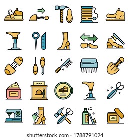 Shoe repair icons set. Outline set of shoe repair vector icons thin line color flat on white