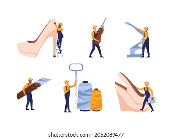 Shoe repair. Master holding shoes workshop tools polish pump hammer garish vector flat pictures peoples masters