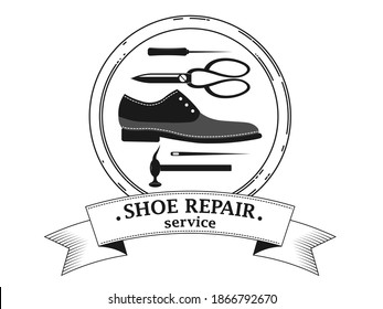 Shoe repair service and maintenance. Vector image of logo. Trendy concept in old retro style. Shoemaker, cobbler logo template. Repair of women's and men's shoes. Shoes and a set of tools silhouette