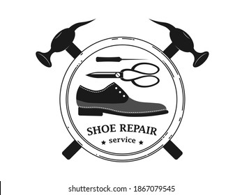 Shoe repair service and maintenance. Vector image of logo. Trendy concept in old retro style. Shoemaker, cobbler logo template. Repair of women's and men's shoes. Shoes and a set of tools silhouette