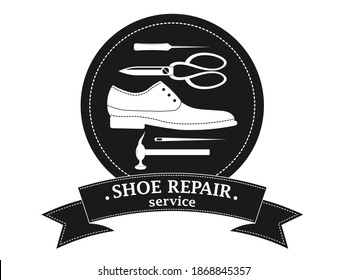Shoe repair service and maintenance. Vector image of logo. Trendy concept in old retro style. Shoemaker, cobbler logo template. Repair of women's and men's shoes. Shoes and a set of tools silhouette