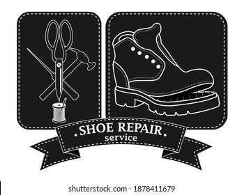 Shoe repair service and maintenance. Vector image of logo. Trendy concept in old retro style. Shoemaker, cobbler logo template. Repair of women's and men's shoes. Boots and a set of tools silhouette