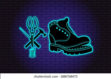 Shoe repair service and maintenance. Vector image of logo. Neon symbol in old retro style. On background of brick illuminated wall. Repair of women's, men's shoes. Boots and a set of tools silhouette