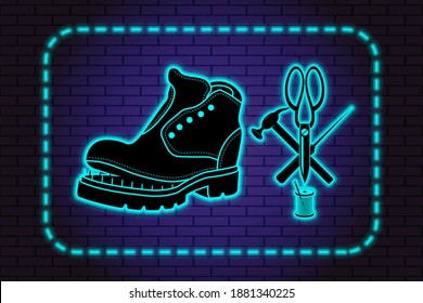 Shoe repair service and maintenance. Vector image of logo. Neon symbol in old retro style. On background of brick illuminated wall. Repair of women's, men's shoes. Boots and a set of tools silhouette