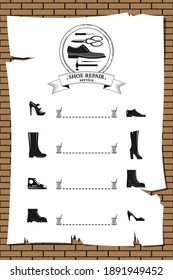 Shoe repair service and maintenance. Vector image. Shoemaker, cobbler logo template. Repair of women's and men's shoes. Shoes and a set of tools silhouette. Announcement sheet hanging on a brick wall