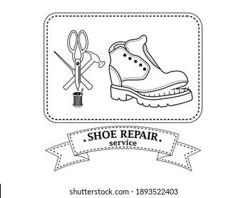 Shoe repair service and maintenance. Vector image of logo. Trendy concept in old retro style. Shoemaker, cobbler logo template. Repair of women's and men's shoes. Boots and a set of tools silhouette