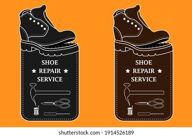 Shoe repair service and maintenance. Vector image of logo. Trendy concept in old retro style. Shoemaker, cobbler logo template. Repair of women's and men's shoes. Boots and a set of tools silhouette