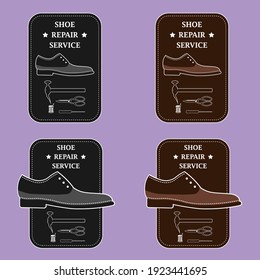 Shoe repair service and maintenance. Vector image of logo. Trendy concept in old retro style. Shoemaker, cobbler logo template. Repair of women's and men's shoes. Boots and a set of tools silhouette