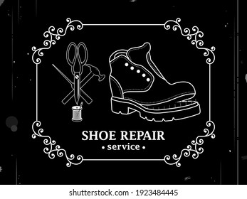 Shoe repair service and maintenance. Vector image of logo. Trendy concept in old retro style. Shoemaker, cobbler logo template. Repair of women's and men's shoes. Boots and a set of tools silhouette