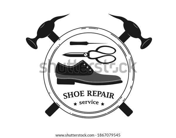 Shoe repair service and maintenance. Vector\
image of logo. Trendy concept in old retro style. Shoemaker,\
cobbler logo template. Repair of women\'s and men\'s shoes. Shoes and\
a set of tools silhouette