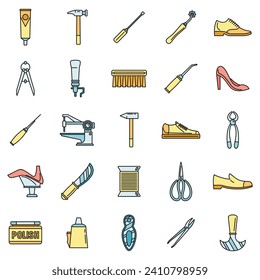 Shoe repair shop icons set. Outline set of shoe repair shop vector icons thin line color flat on white