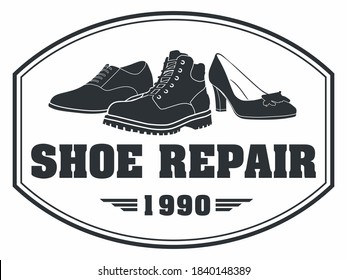 Shoe repair sign. Silhouette of various types of boots and shoes