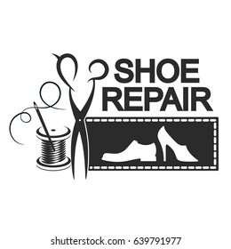 Shoe repair is silhouette for business. Scissors, needle and thread reel.