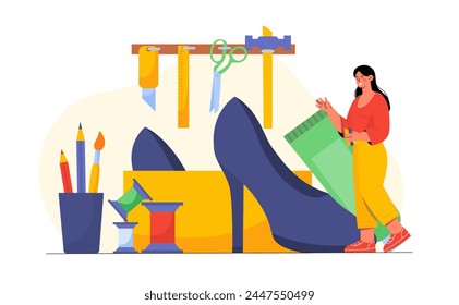 Shoe repair woman concept. Young girl with shoes near instruments and work tools. Scissors and ruler, hammer. Homemade and handicraft clothing. Fashion and style. Cartoon flat vector illustration