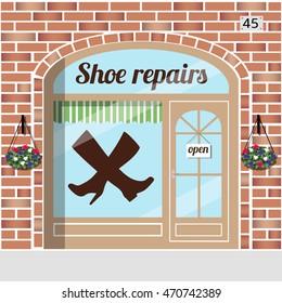 Shoe repairs.Red brick building facade. Vector illustration.
