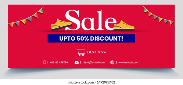 Shoe sale cover banner for social media in red colour with fifty percent discount. Sale social media banner. Facebook Cover for sale