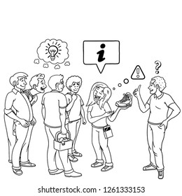 Shoe saleswoman who advises many customers at once and still takes other customers. Multiple consulting, salespocket, vektro graphic, attention, comic, outline.