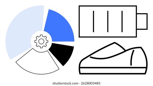 Shoe, segmented pie chart with gear detail, and battery icon. Ideal for technology, progress, fitness, energy management, business analytics, renewable energy, modern life. Line metaphor