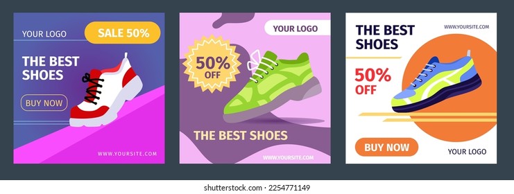 Shoe sell. Social media banner. Footwear advertising post. Layout for store. Sneakers discount. Fashion sportswear sale. Athletic gumshoes. Design template. Vector nowaday flyers set