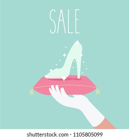 shoe seller & cinderella slipper vector isolated in shoe store. shopping sale concept creative cartoon flat design card. beauty & fashion funny idea evening shoes model. love heels. footwear princess