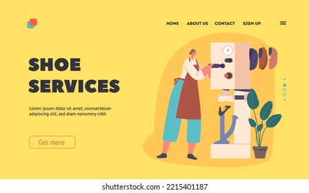 Shoe Services Landing Page Template. Shoemaker Professional Occupation Concept. Cobbler Artisan Character Making Footwear Using Special Equipment and Tools. Cartoon People Vector Illustration