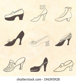 Shoe set on a spotted background. Retro pattern.