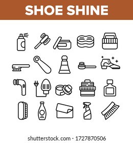 Colección de Iconos de la colección Shoe Shine Service Vector Set. Cepillo Y Crema, Calefactor Electrónico Y Paquete Polaco De Spray Para Pictogramas Lineales De Concepto De Limpiabotas. Ilustraciones de contorno monocromo