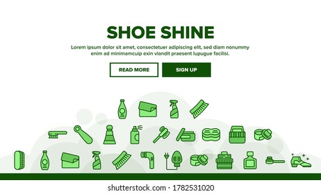 Shoe Shine Service Landing Web Page Header Banner Template Vector. Brush And Cream, Electronic Heater And Polish Spray Package Equipment For Shoe Shine Illustrations