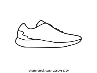 Shoe with shoelaces and simple outline design. Hand drawn simple fashion decoration. Training footwear object logo. Running shoes isolated icon. Fitness and exercise sneaker symbol drawing.