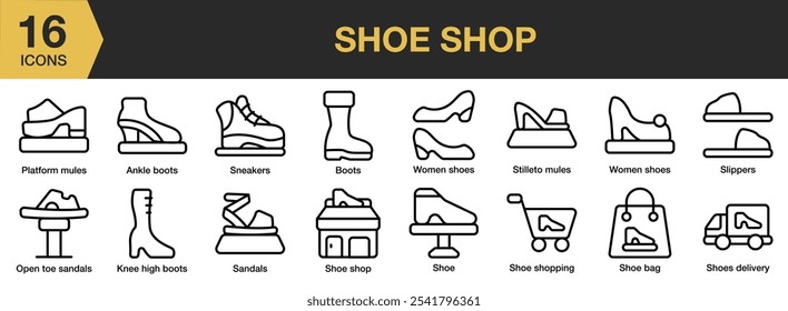 Shoe Shop icon set. Includes ankle boots, knee high, sandals, shoe bag, shop, and More. Outline icons vector collection.