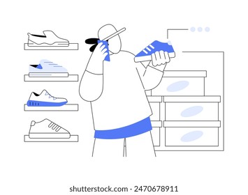 Ilustraciones vectoriales de dibujos animados aisladas de zapatería. Hombre guapo y sonriente comprando zapatos en el centro comercial, movimiento de consumismo, día en la boutique de moda, gente estilo de vida Vector de dibujos animados.
