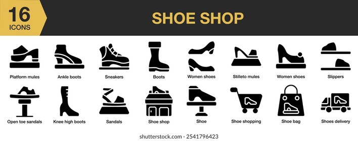 Shoe Shop solid icon set. Includes ankle boots, knee high, sandals, shoe bag, shop, and More. Solid icons vector collection.