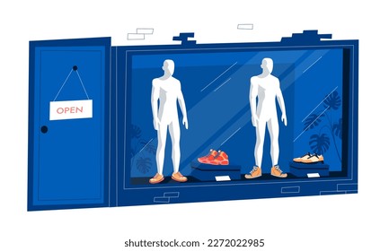 Muestra de zapatos. Cajas de dibujos animados con calzado elegante en la ventana de la tienda, piernas de maniquí con botas de moda, concepto de venta de compras. Ilustración vectorial del departamento interior de la vitrina