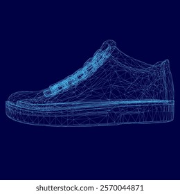 Shoe is shown in a blue color. The shoe is a sneaker and it is shown in a 3D form