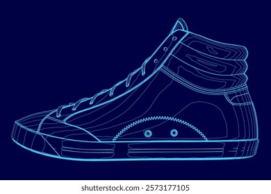 Shoe is shown in blue outline. The shoe is a sneaker and is shown in a 3D format