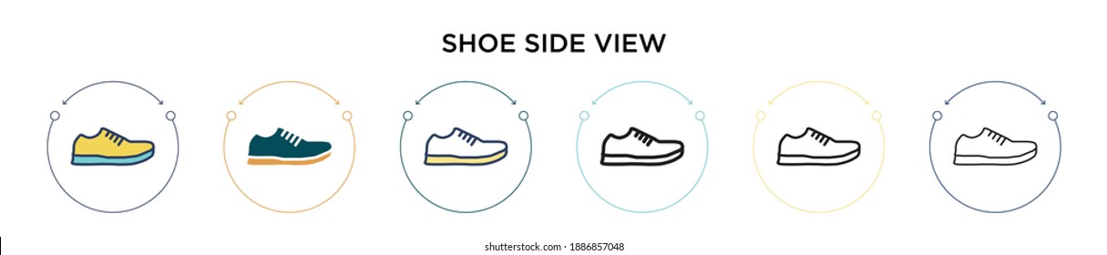 Shoe side view icon in filled, thin line, outline and stroke style. Vector illustration of two colored and black shoe side view vector icons designs can be used for mobile, ui, web