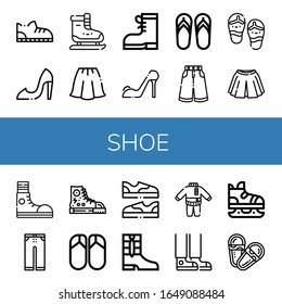 shoe simple icons set. Contains such icons as Shoe, High heels, Ice skating, Skirt, Boots, Flip flops, Trousers, Sneakers, Flips flops, Shoes, can be used for web, mobile and logo