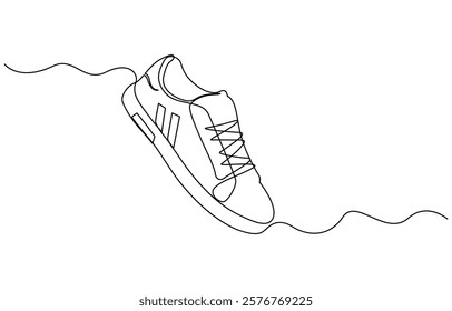 Shoe single continuous line drawing. Sports shoes drawn in a one line art style, Continuous one line drawing of trendy sport shoe. Simple shoes, sneaker line art vector illustration.