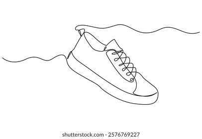 Shoe single continuous line drawing. Sports shoes drawn in a one line art style, Continuous one line drawing of trendy sport shoe. Simple shoes, sneaker line art vector illustration.