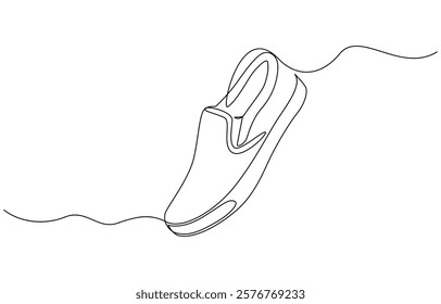 Shoe single continuous line drawing. Sports shoes drawn in a one line art style, Continuous one line drawing of trendy sport shoe. Simple shoes, sneaker line art vector illustration.