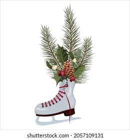 A shoe for skating on ice with fir branches, a cone, a holly and mistletoe twigs. The concept of New Year and Christmas. Suitable for decorating a holiday card. Vector.