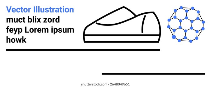 Shoe sketch with clean lines, abstract molecular structure with blue nodes. Ideal for fashion, footwear design, molecular science, modern graphics, abstract art, minimalistic design, creative landing