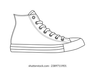 Shoe sketch. hand drawn Shoe outline illustration. Shoe black and white vector drawing. Shoe isolated on white background. vector illustration. Shoes line art drawing. footwear outline. sneakers.