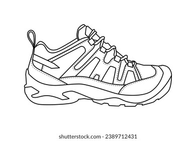 Shoe sketch. hand drawn Shoe outline illustration. Shoe black and white vector drawing. Shoe isolated on white background. vector illustration. Shoes line art drawing. footwear outline. sneakers.