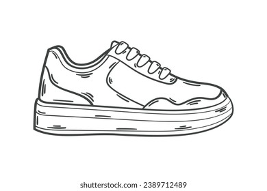 Shoe sketch. hand drawn Shoe outline illustration. Shoe black and white vector drawing. Shoe isolated on white background. vector illustration. Shoes line art drawing. footwear outline. sneakers.