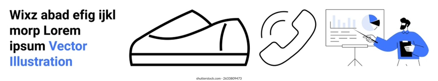 Shoe sketch, phone icon, and person presenting data on screen with charts. Ideal for business presentations, ecommerce, communication services, tech startups, education, data analysis, professional
