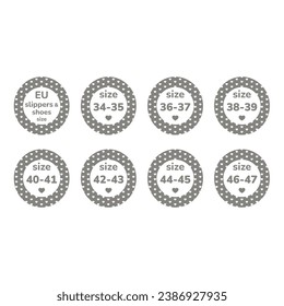 Juego de etiquetas de tamaño UE para zapatillas y zapatillas. Tamaños europeos para las etiquetas de los iconos de las zapatillas.