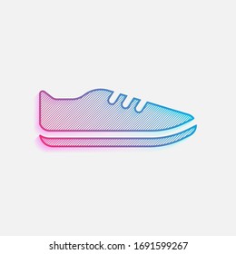 Shoe or sneaker, icon of sport. Colored logo with diagonal lines and blue-red gradient. Neon graphic, light effect