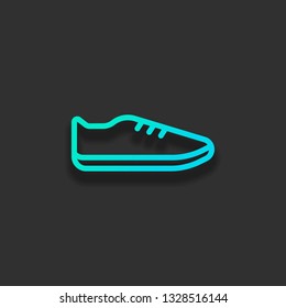 Shoe or sneaker, outline linear icon of sport. Colorful logo concept with soft shadow on dark background. Icon color of azure ocean